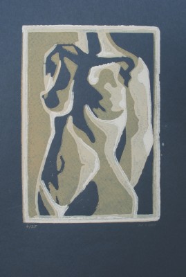 Linoldruck auf Papier mit abstrakter Darstellung Aktes in Blau, Ocker und Gelb